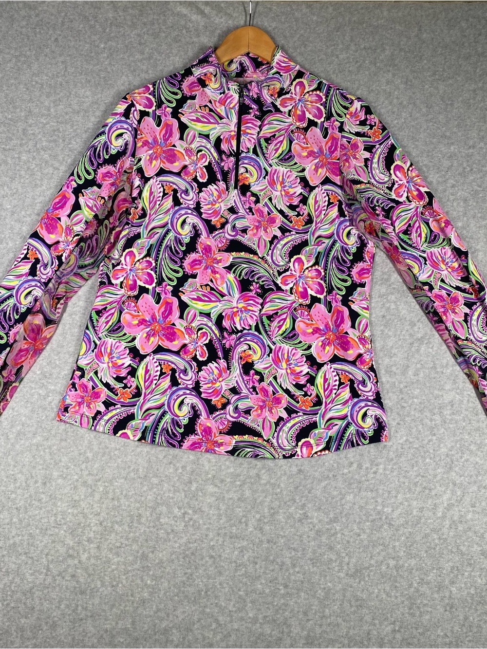 Ibkul Icifil Long Sleeve Golf Shirt: UPF 50+ Allie Black Floral Print Size Large